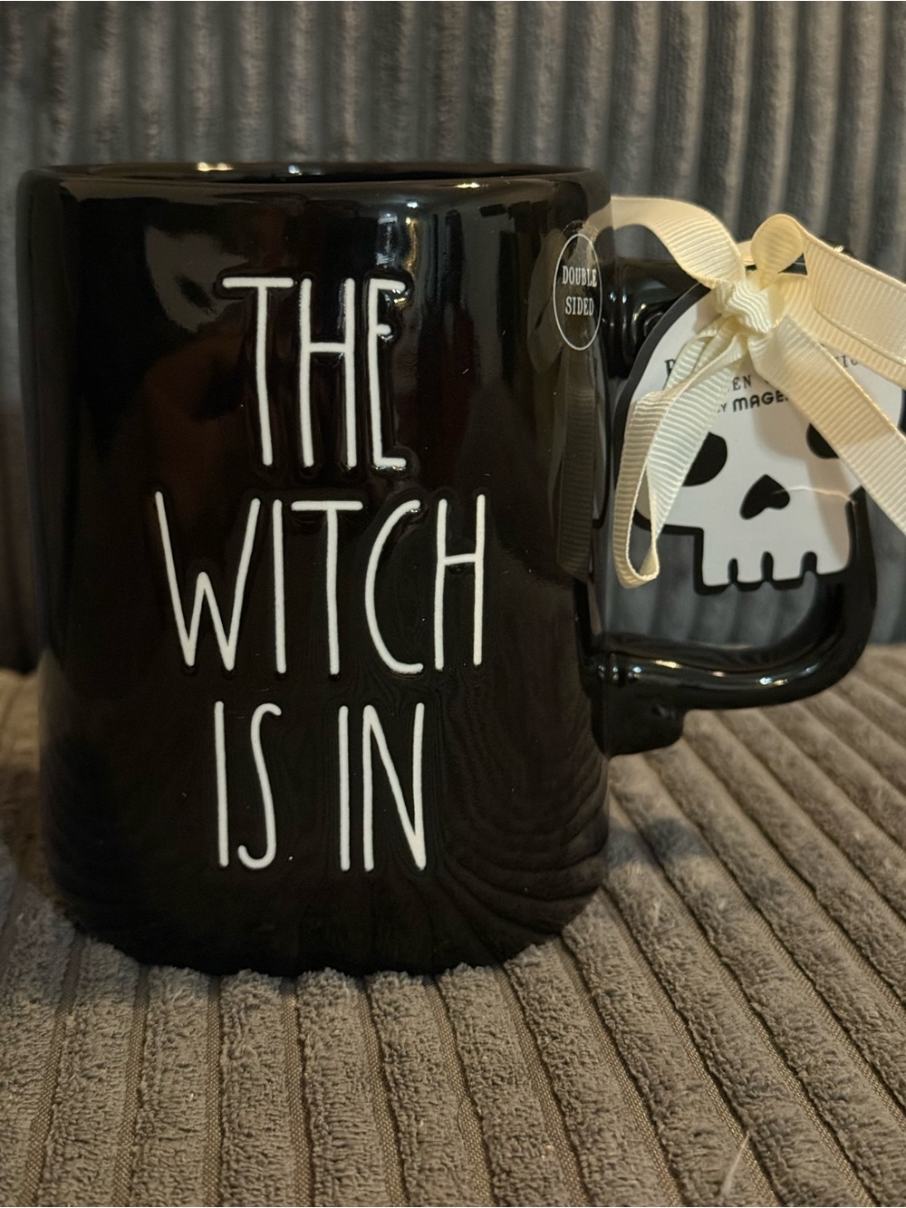 Rae Dunn Black Ceramic Double-sided Mug THE WITCH IS IN W/ Sculpted Cat NWT